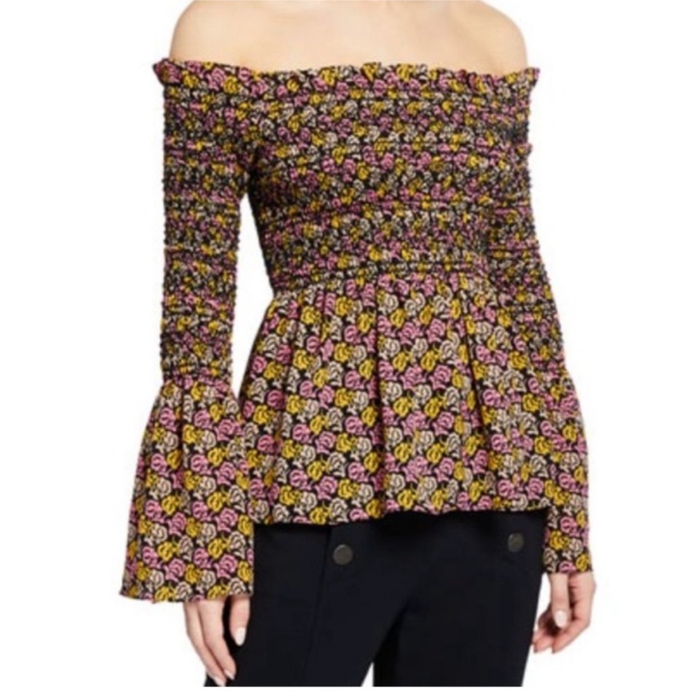 A.L.C Agra Black Floral Silk Smocked Off the Shoulder Blouse Size 10